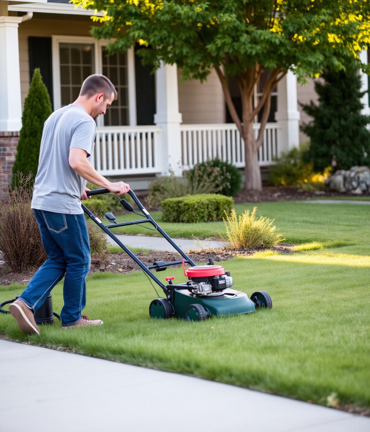 DS Lawns team member mowing a residential front yard