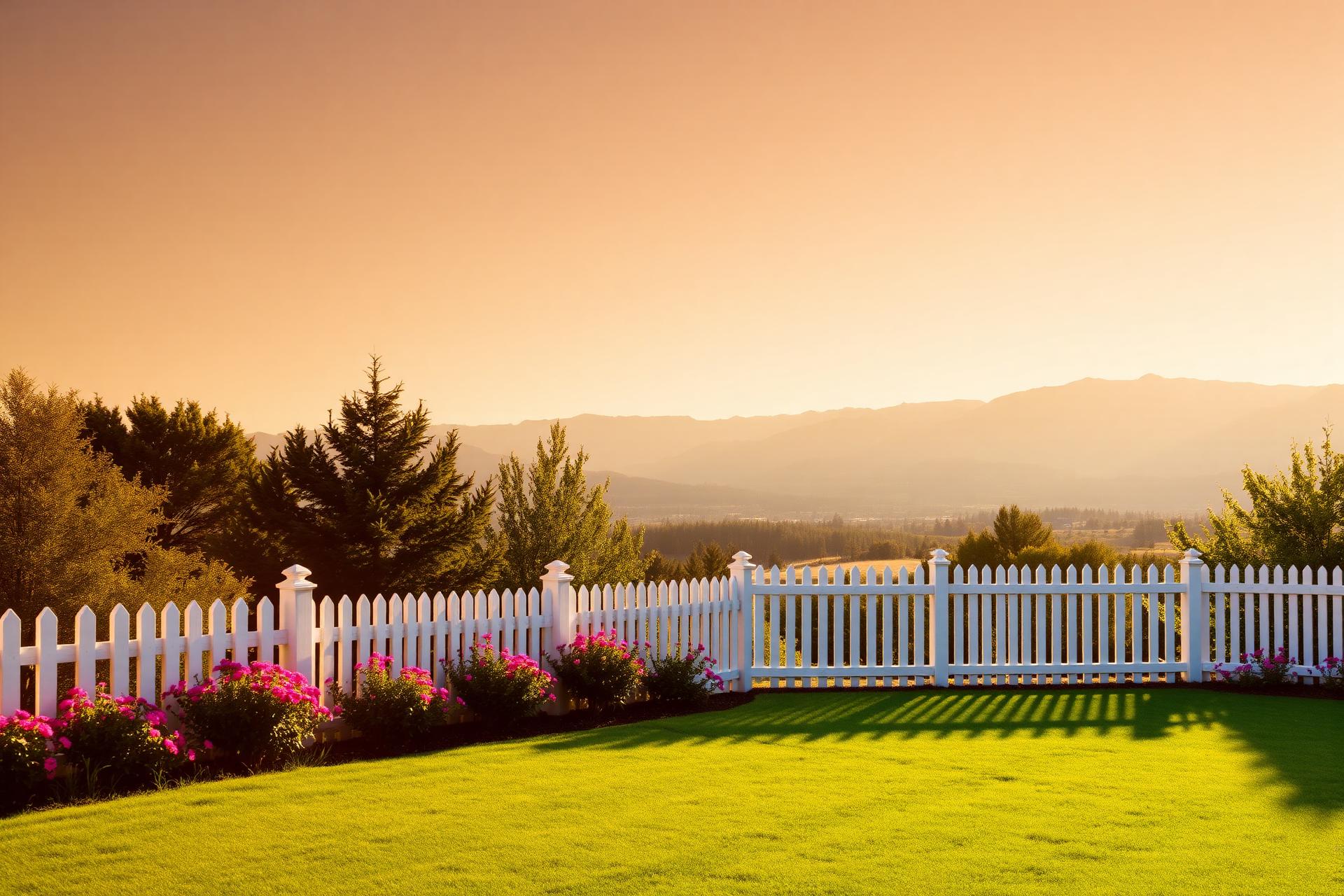 Lush green lawn with white picket fence and Idaho mountains at golden hour